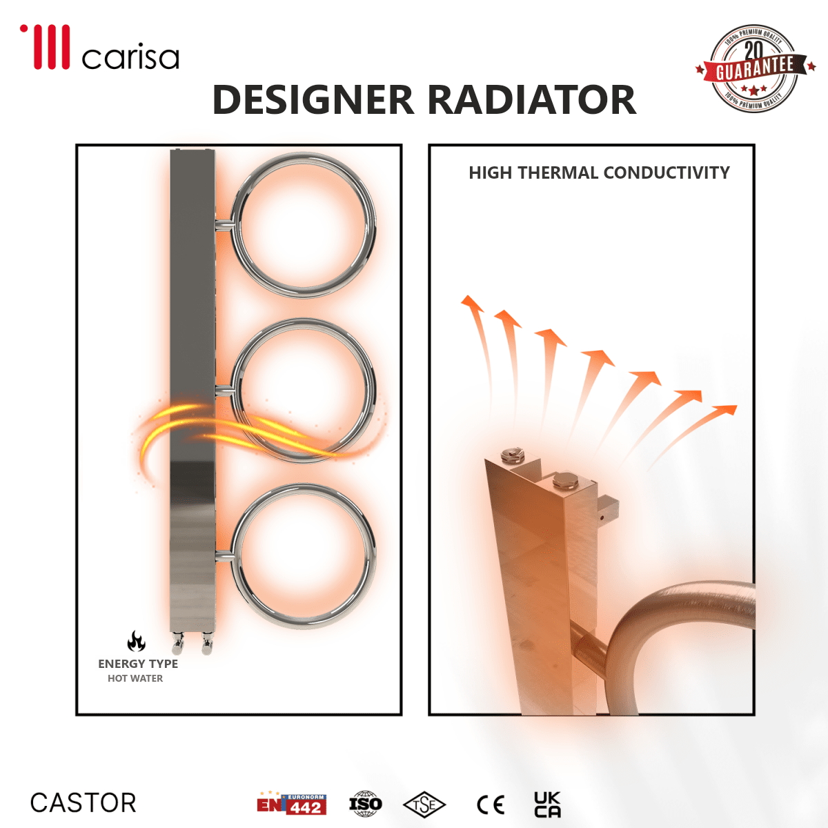 Carisa Castor Stainless Steel Heated Towel Rail – Mirror Polished, features