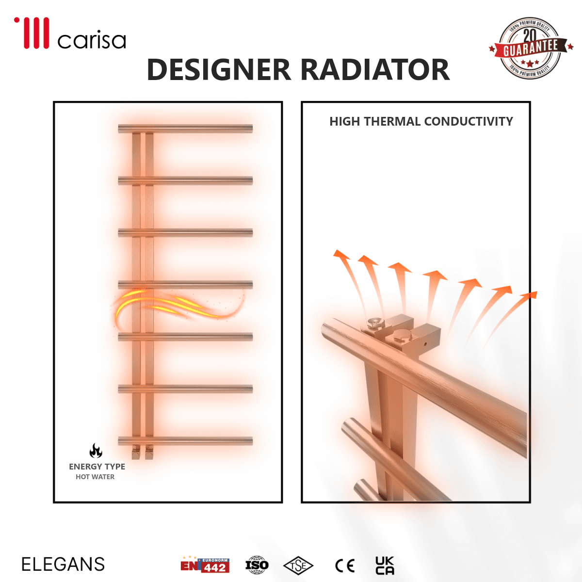Carisa Elegans Stainless Steel Heated Towel Rail – Mirror Polished, features