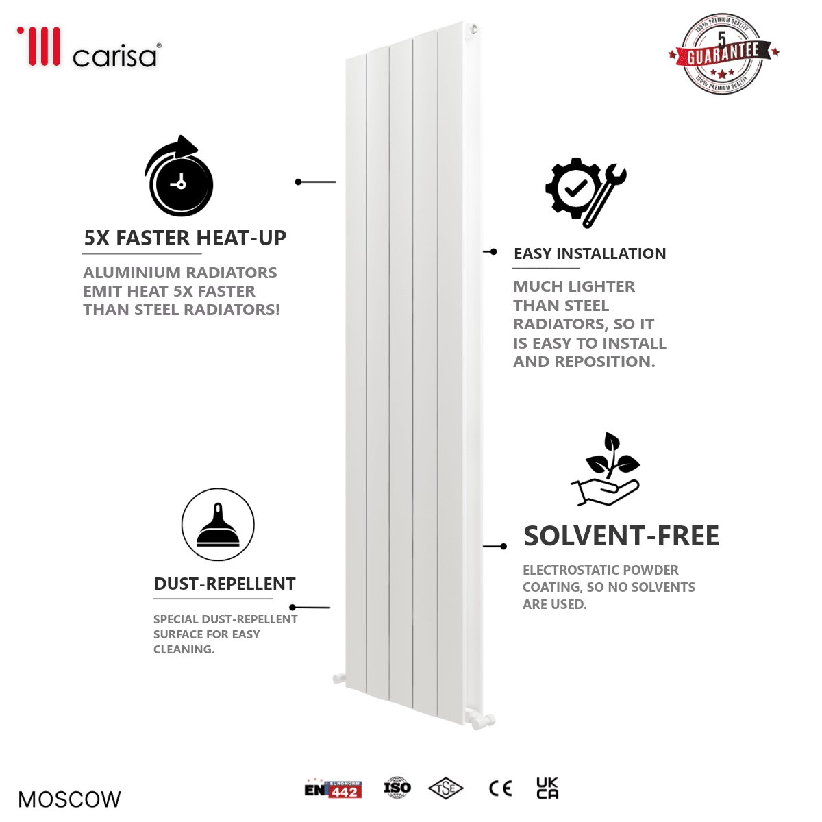 Carisa Moscow Aluminium Designer Radiator – White, features