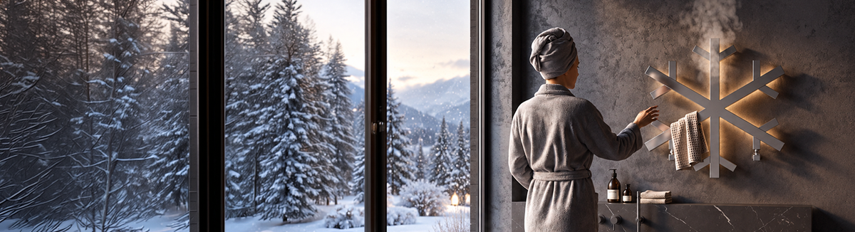 Snowflake-shaped designer heated towel rail warming a towel in a bathroom with a snowy forest view