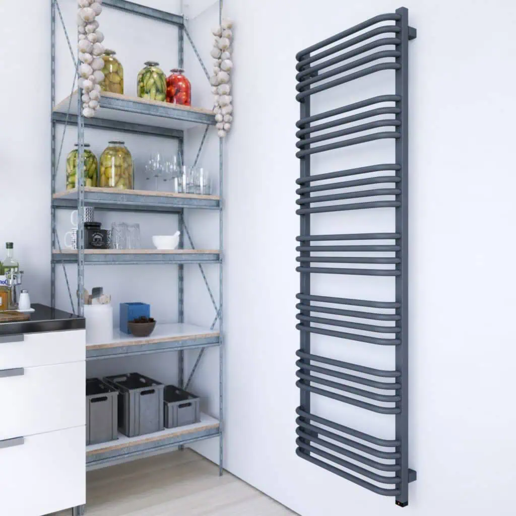 Sleek black modern towel radiator in a contemporary kitchen or bathroom setting for efficient heating.