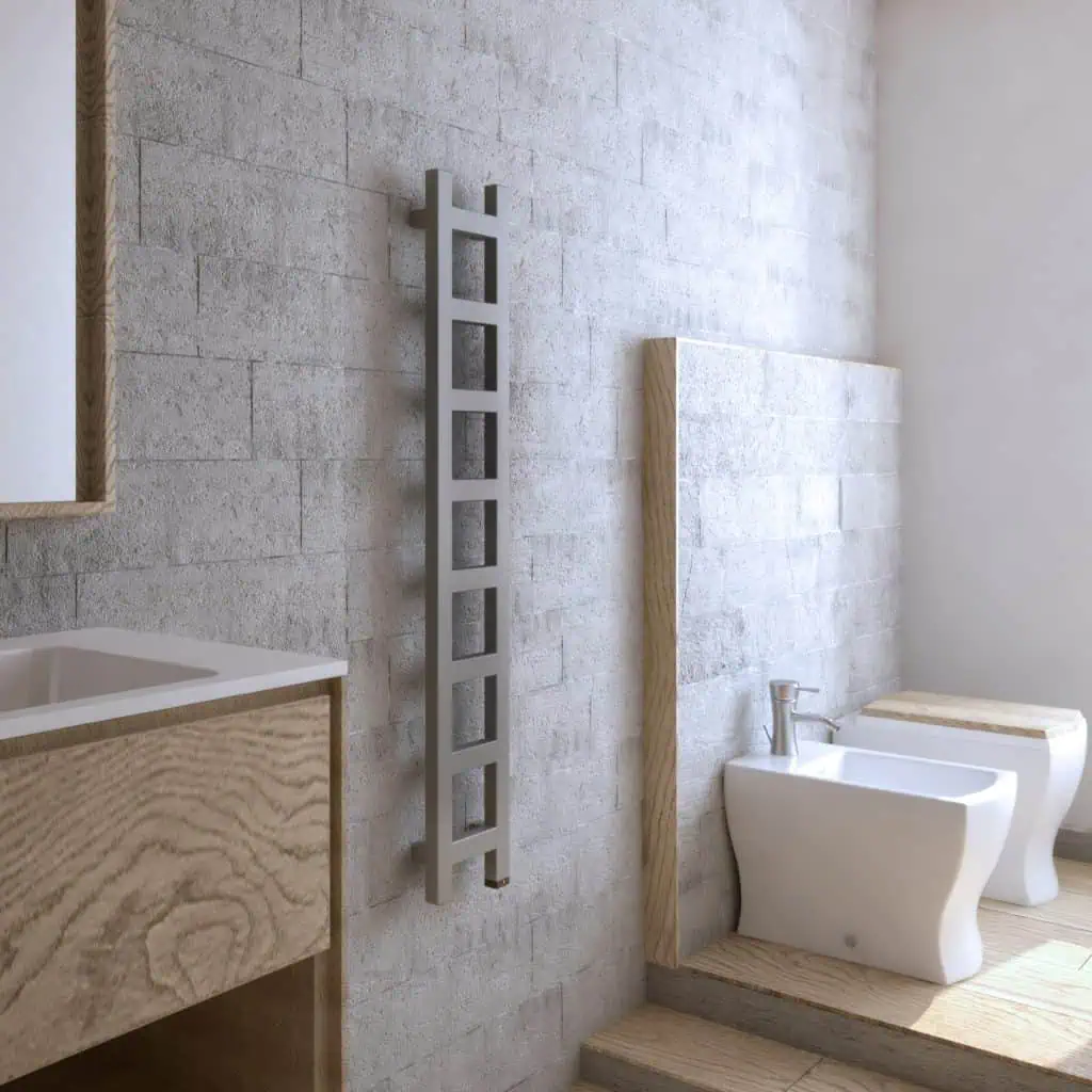Modern bathroom with contemporary designer radiator and minimalist fixtures.