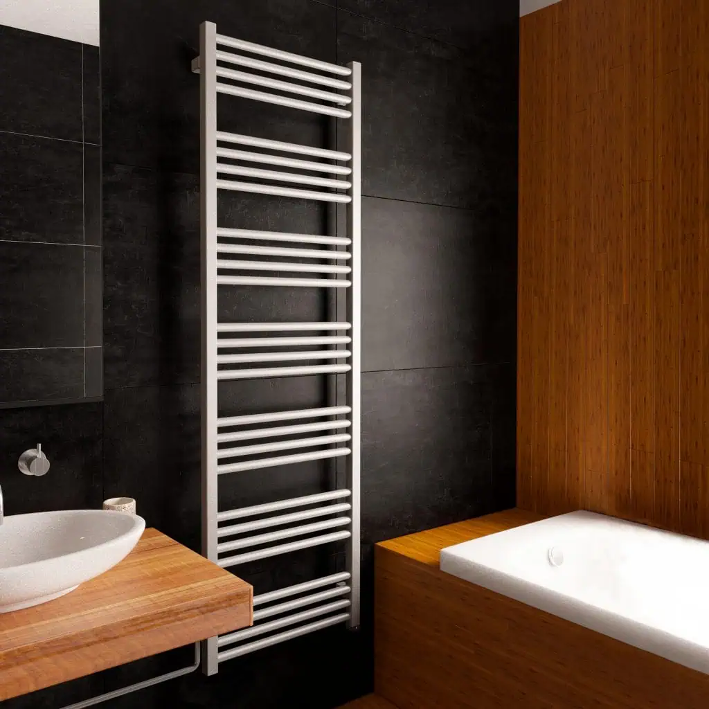 Modern bathroom with heated towel rail and wooden accents for stylish comfort.