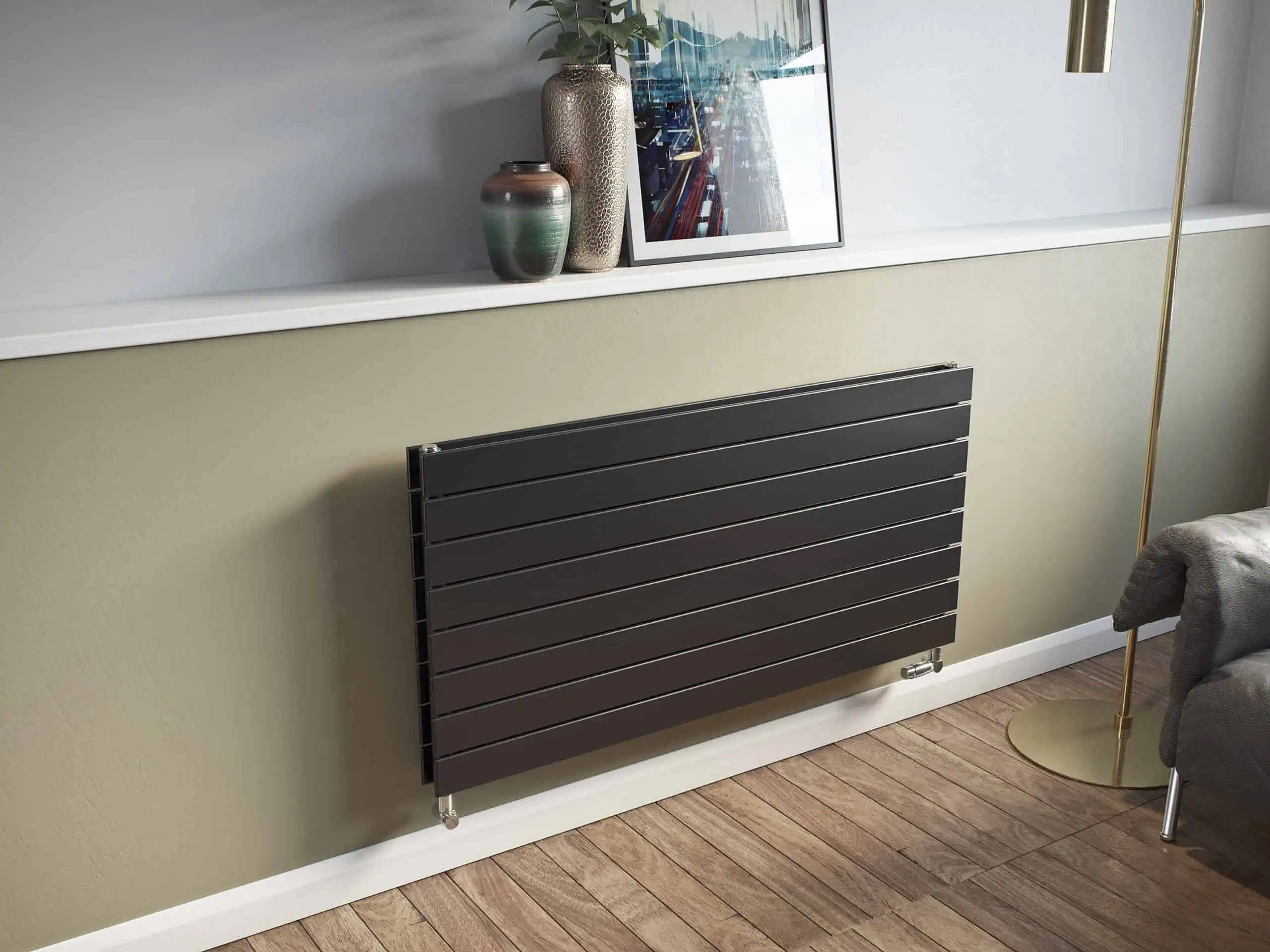 1. Modern black wall-mounted radiator heating panel in contemporary home decor.