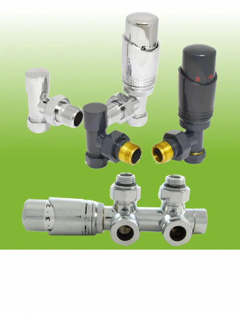 1. Adjustable radiator valves for heating, chrome and black finish, PoshRads.