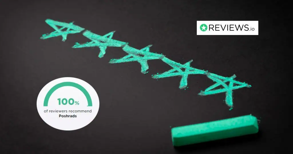 Glowing chalk slogan on blackboard with review badge for Poshrads reputation improvement.