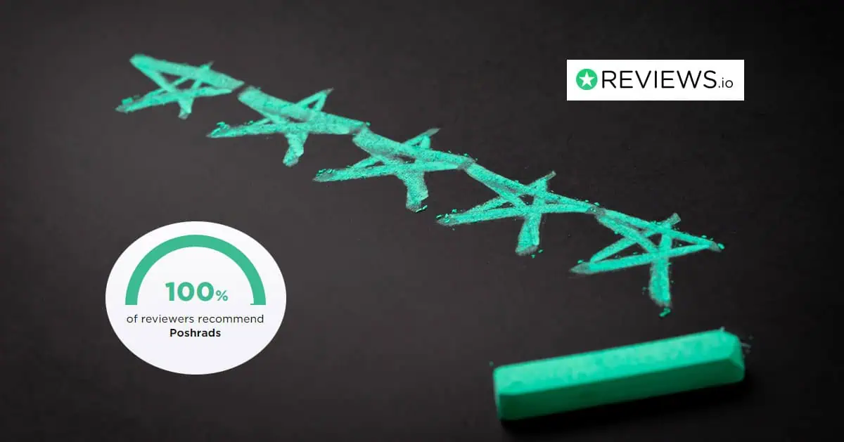 Glowing chalk slogan on blackboard with review badge for Poshrads reputation improvement.