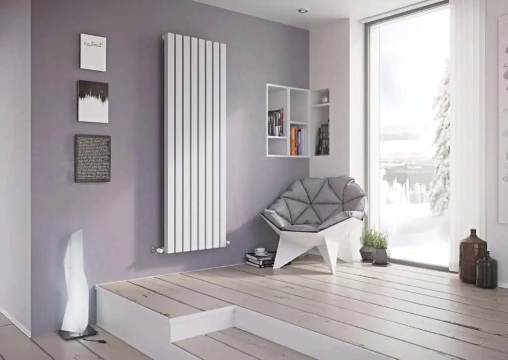 Modern living room interior with stylish radiator and contemporary decor.