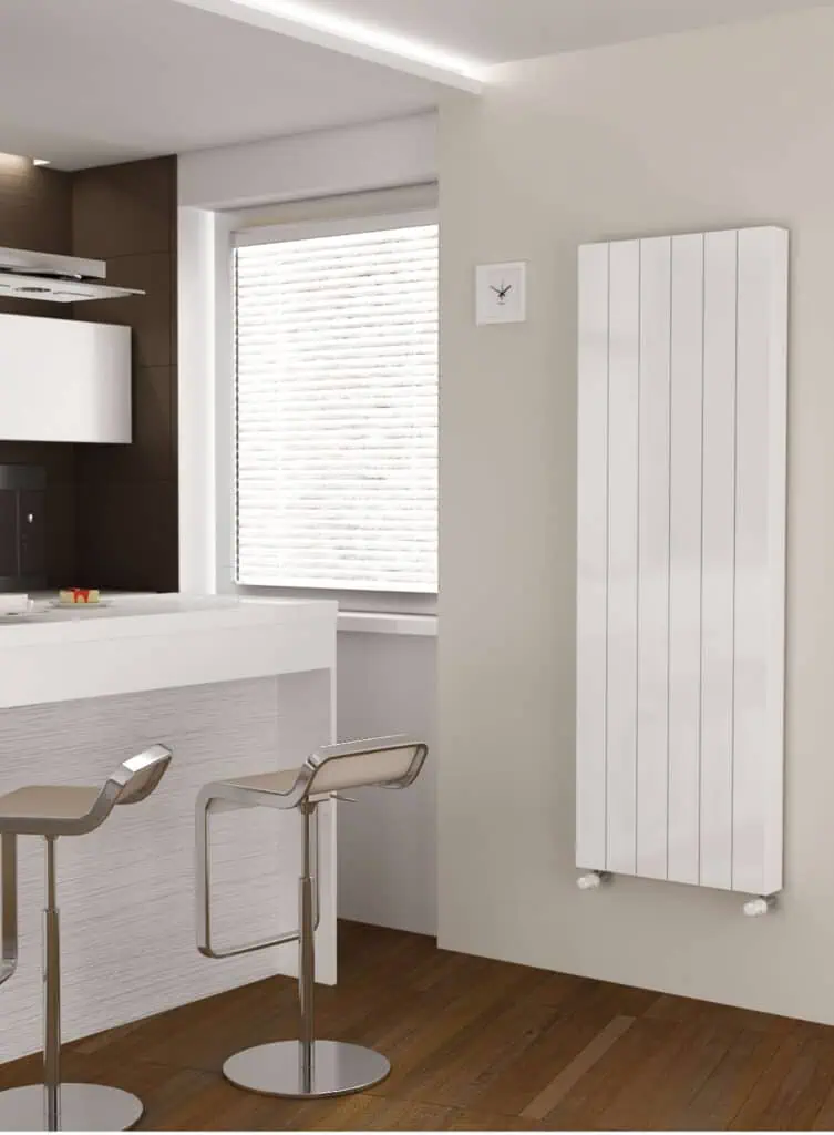 Mirror radiator white modern design heating system in stylish kitchen decor.