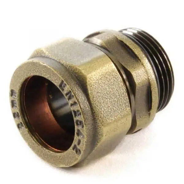 Metallic pipe fitting with threaded and compression features for plumbing systems.