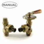 Brass manual shut-off valve with wooden handle for plumbing systems.