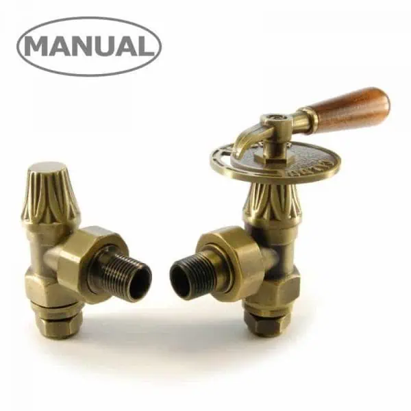 Brass manual shut-off valve with wooden handle for plumbing systems.