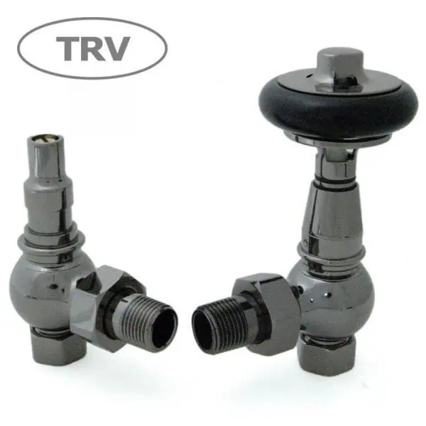 TRV radiator valves, chrome and black thermostatic radiator valve set, energy-saving heating control.