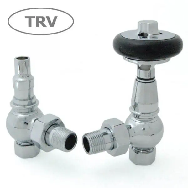 Chrome radiator valves set for heating control, TRV thermostatic valves for radiator compatibility.