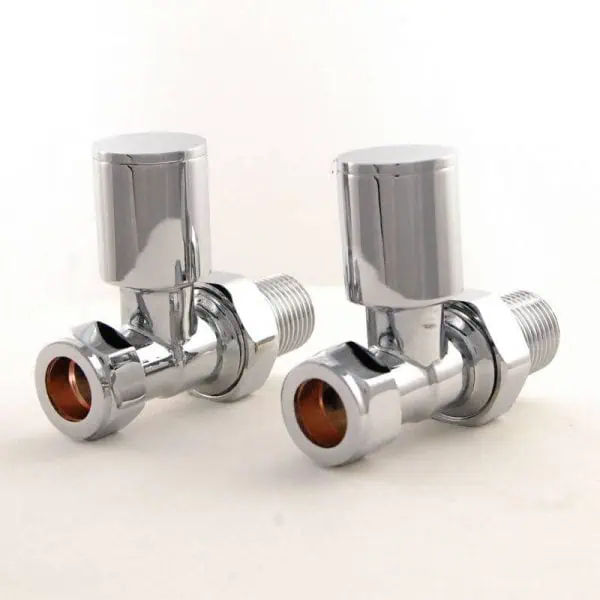 Chrome radiator valves for heating systems, adjustable thermostatic control.