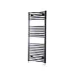 Black heated towel rail radiator for home bathroom or cloakroom.