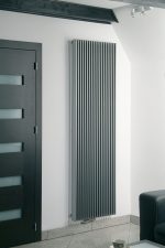 Radiator heater, modern vertical black and silver design, energy-efficient heating solution.