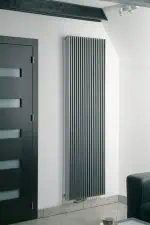 Radiator heater, modern vertical black and silver design, energy-efficient heating solution.