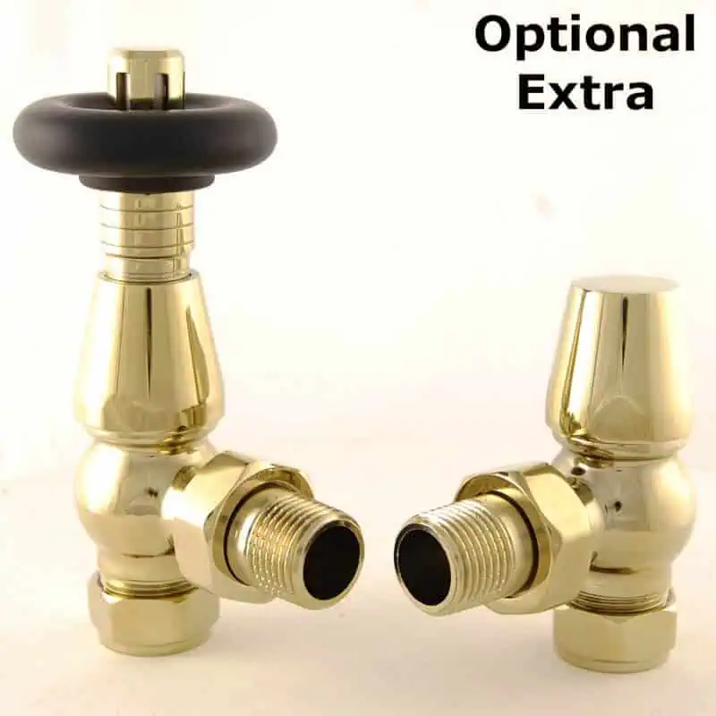 BEN-B-ALT_800-1.jpg Brass radiator valves with black handles, optional extra for heating system control.