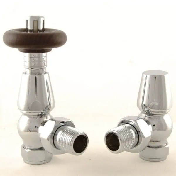 Shower valve and tap set with chrome finish and wooden handle for bathroom plumbing.