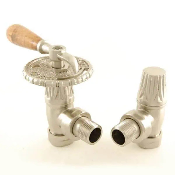 Shower mixer valve with wooden handle, chrome finish, and adjustable temperature control.