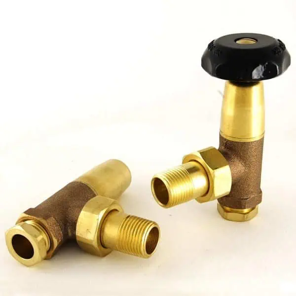 Brass and black valve fittings for plumbing and radiator systems.