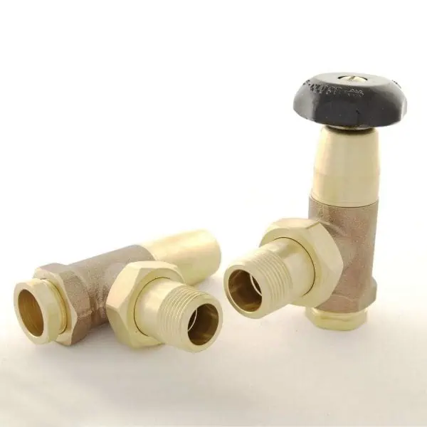 Bronze and brass plumbing valves with black handle for water control.