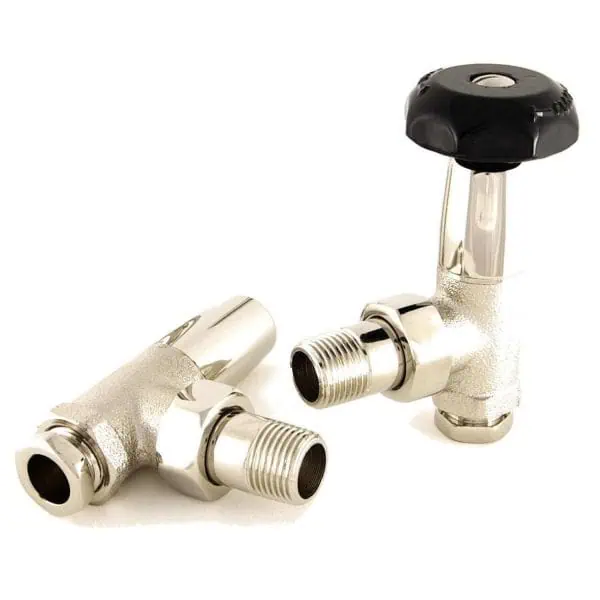 Chrome radiator valve with black knob, plumbing part for heating systems.
