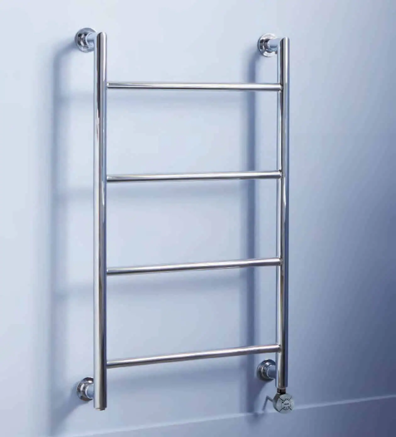 Ballymore-Thermo-1.jpg Polished stainless steel towel radiator on light blue wall.