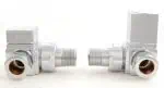 Two metallic valve fittings with threaded connectors for plumbing or HVAC systems, enhanced for durability.
