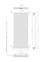 1. Radiator with vertical fins, heat output, and mounting details for heating systems.