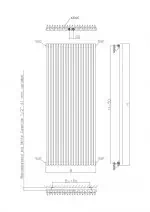 1. Radiator with vertical fins, heat output, and mounting details for heating systems.