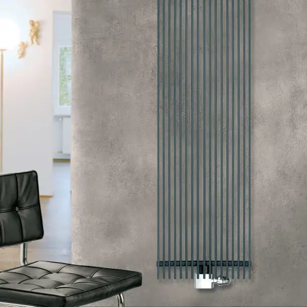Stylish vertical designer radiator in modern interior setting for heating and decor.