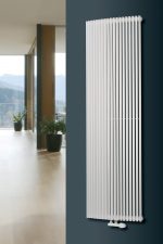 Modern white vertical radiator for home heating, stylish and efficient.