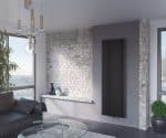 Modern black vertical radiator in contemporary living room decor.