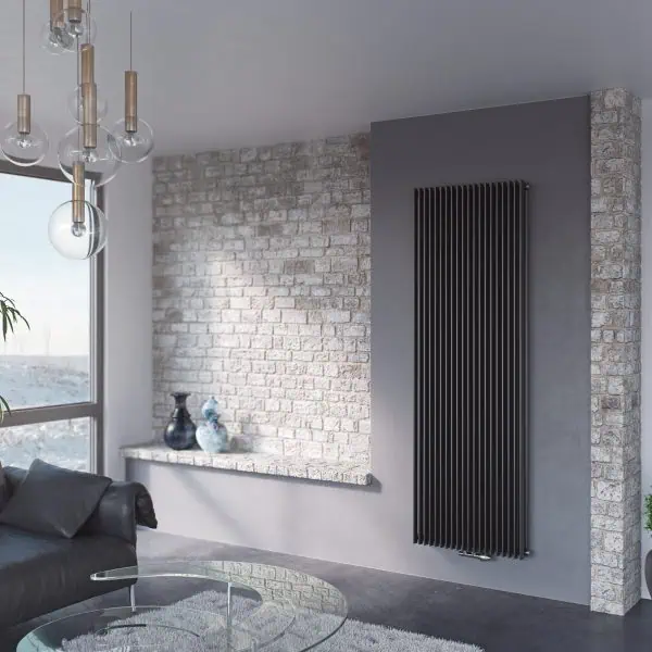 Modern black vertical radiator in contemporary living room decor.