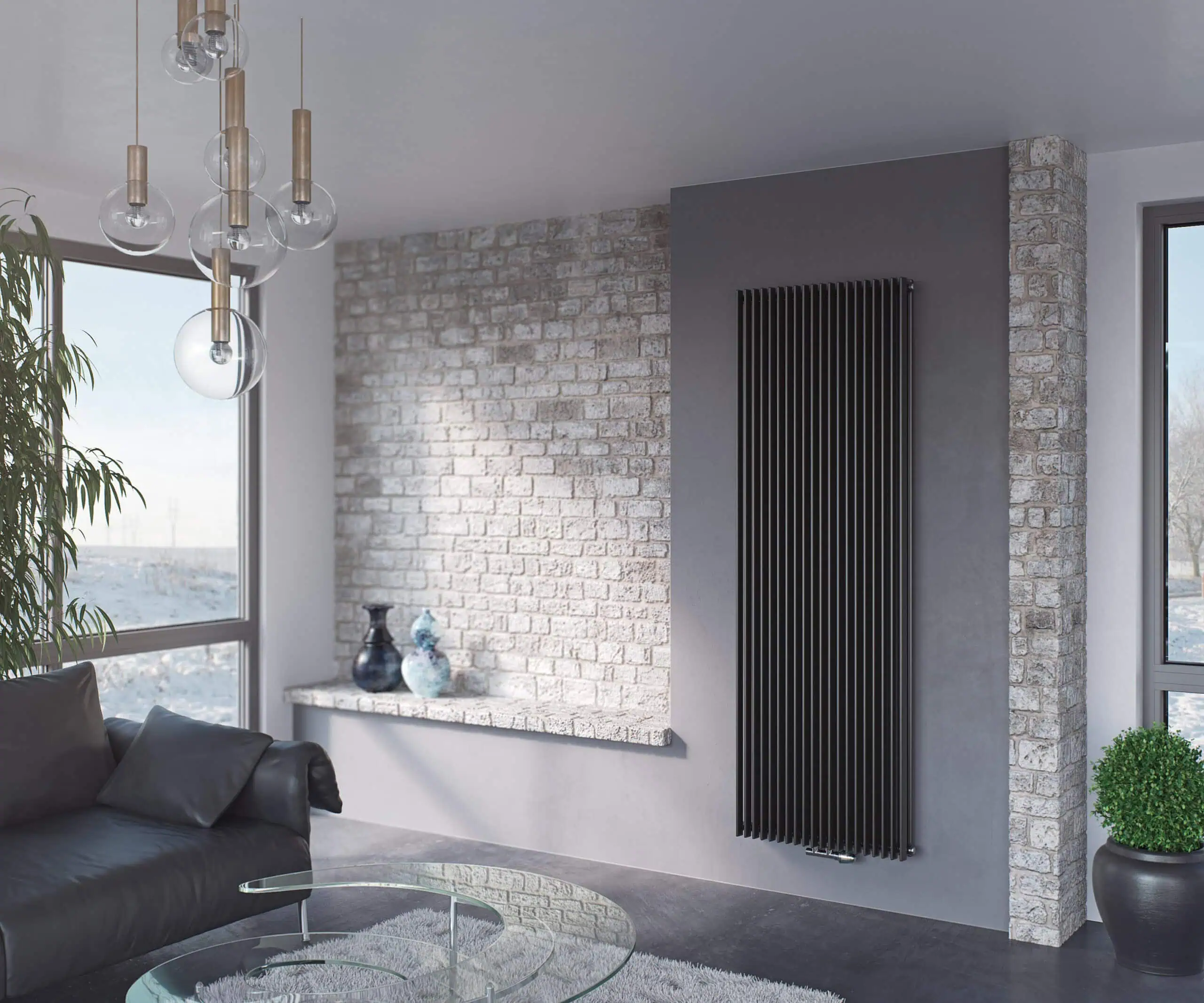 Corus-Duo-Vertical-Anthracite-scaled-2.jpg Modern black vertical radiator in contemporary living room decor.