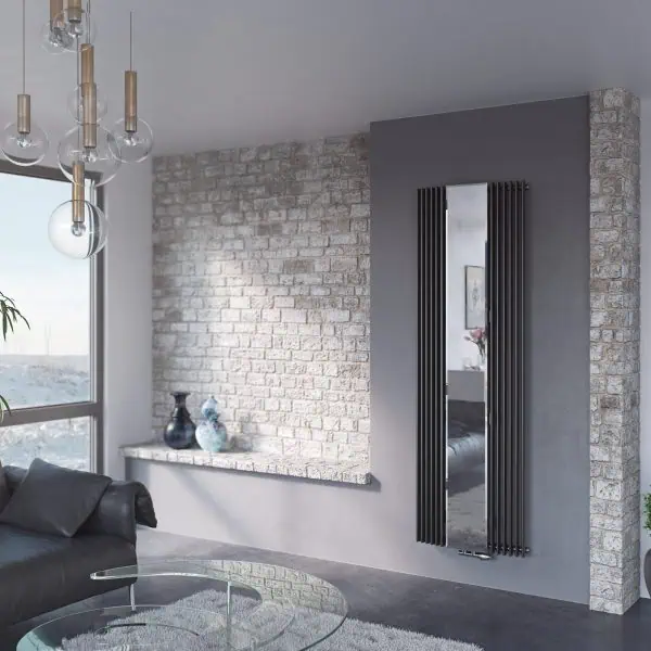 Contemporary radiator design in modern living room with brick accent wall and minimalist decor.