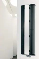 Modern black and white vertical radiator heating panel, sleek design, ideal for contemporary interiors.