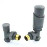 Gray plastic valve with brass fitting for plumbing systems.