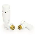 Thermostatic radiator valves for heating control, white with brass fittings.
