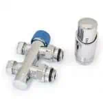 Adjustable thermostatic mixing valve and radiator temperature control, chrome-finished plumbing components.