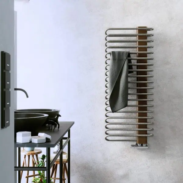 Modern bathroom towel radiator with wooden panel, wall-mounted. Stylish and functional heat source for contemporary home decor.