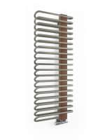 Cozy towel radiator with curved metal bars and wooden accents, ideal for bathroom heating.