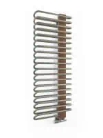 Cozy towel radiator with curved metal bars and wooden accents, ideal for bathroom heating.