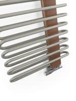 Sleek modern towel radiator with stainless steel bars and wooden panel, perfect for stylish bathroom heating.