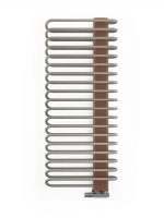 Heated towel rail radiator with chrome finish and wooden accents for modern bathroom decor.