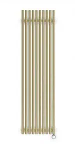 Gold radiator, contemporary heating unit for home or office, modern gold-to-finish radiator design, stylish heating solution, adjustable thermostatic valve included.