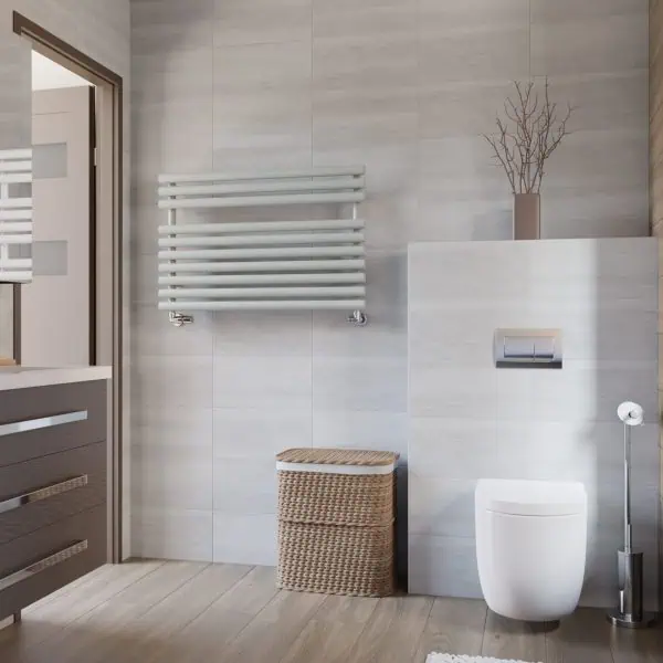 Modern minimalist bathroom with wall-mounted toilet and smart storage solutions.
