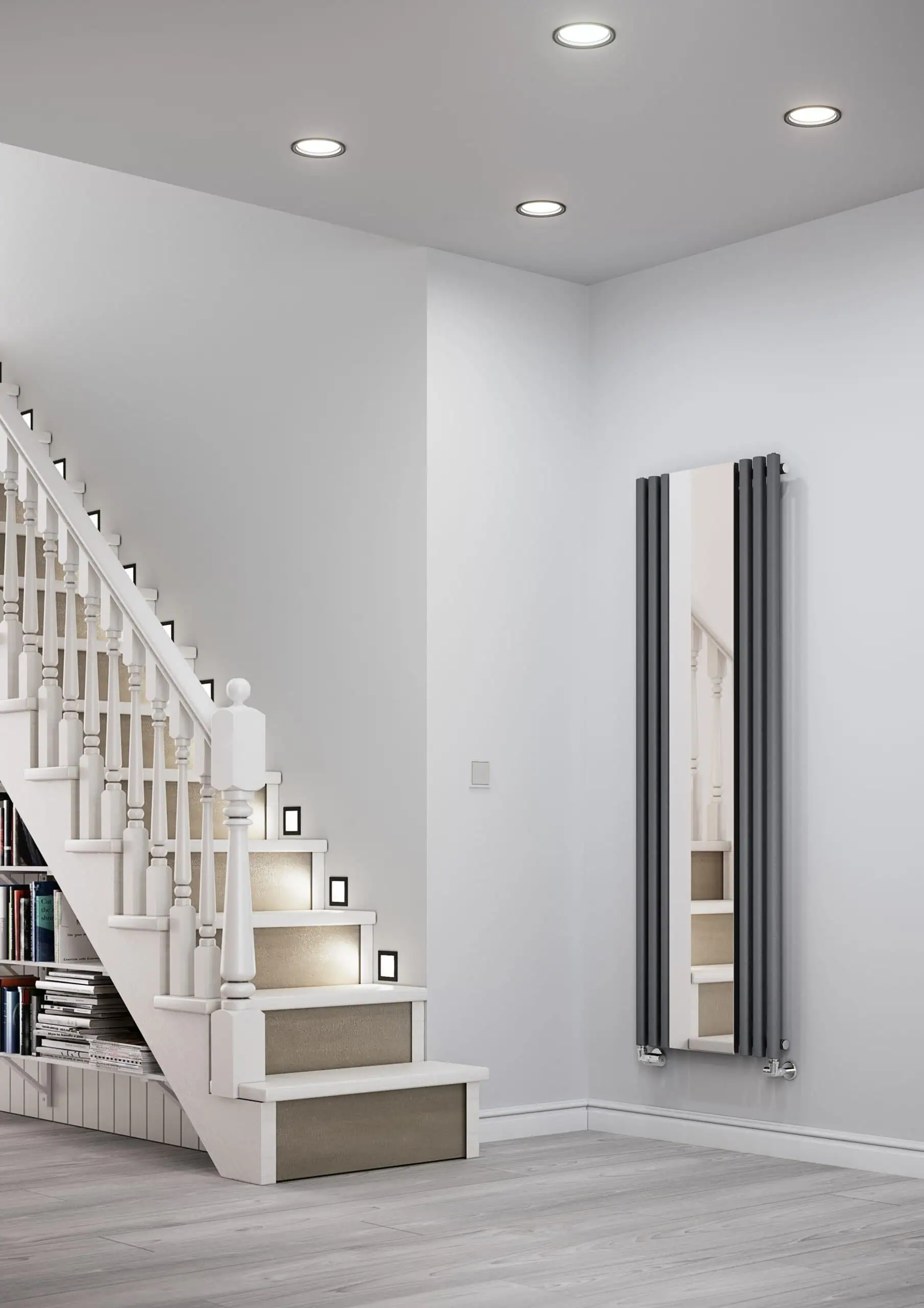 EAN-5901804744068-Mirror-Radiator-ROLO_Mirror_1800_590_modern_grey-lifestyle-scaled-2.jpg Modern home interior with stylish radiator and staircase, contemporary design, clean white walls, and minimalistic decor.